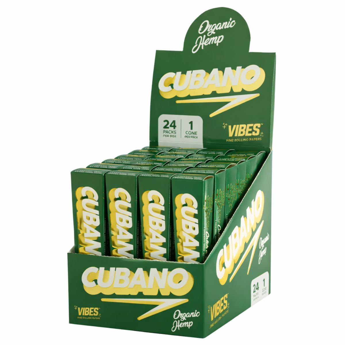 Cônes VIBES en chanvre biologique Cubano (présentoir de 24 pièces) VIBES Cones Cubano Organic Hemp 24pcsdisplay