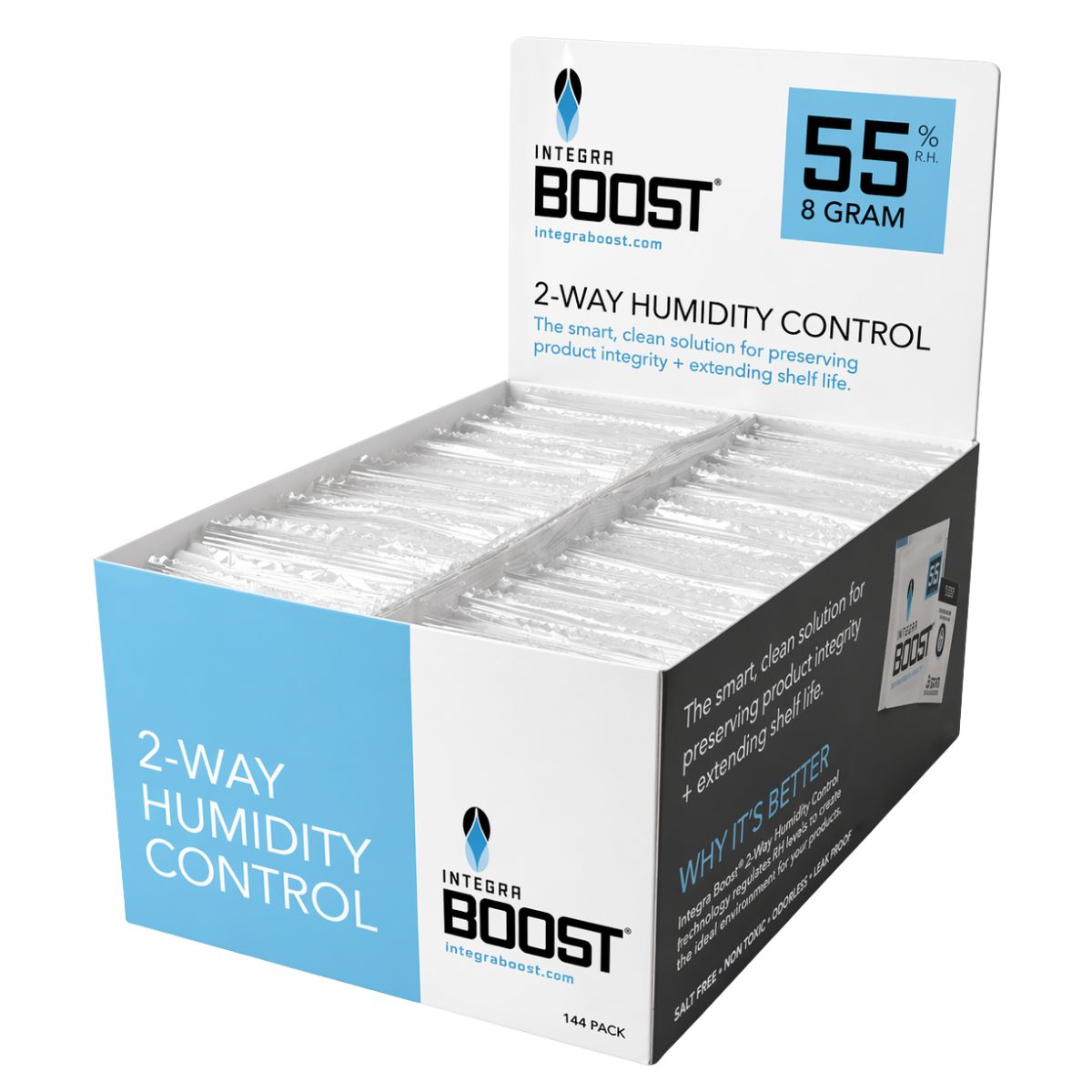 Integra Boost 2-Way Humidity Control 55% HR - 8 g (présentoir 144 pcs) Integra Boost 2 Way Humidity Control 55 RH 8 Grams 144pcs display