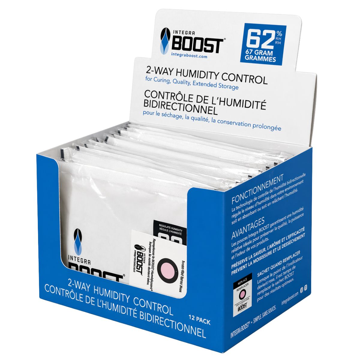 Integra Boost Contrôle de l’humidité bidirectionnel 62 % HR - 67 g (12 pcsdisplay) Integra Boost 2-Way Contrôle de l’humidité 62% HR - 67 grammes (12pcs/écran)