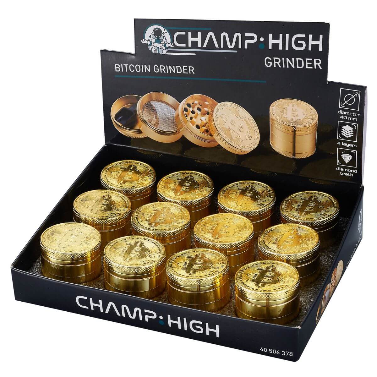 Champ High Grinder Métal Bitcoin 4 Parties - 40mm (12pcs/présentoir) Champ High Grinder Métal Bitcoin 4 Parties - 40mm (12pcs/présentoir)