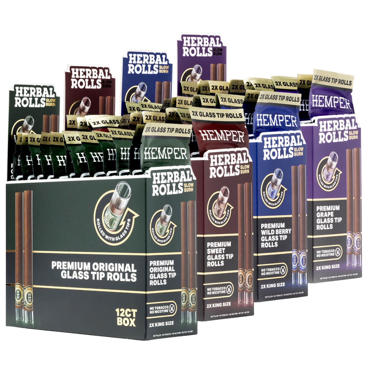 Hemper Pre-Rolled King Size Herbal Rolls + Glass Tip Pack de 2 (12 pcs/display) Hemper Pre-Rolled King Size Herbal Rolls + Glass Tip 2-Pack (12pcs/display)