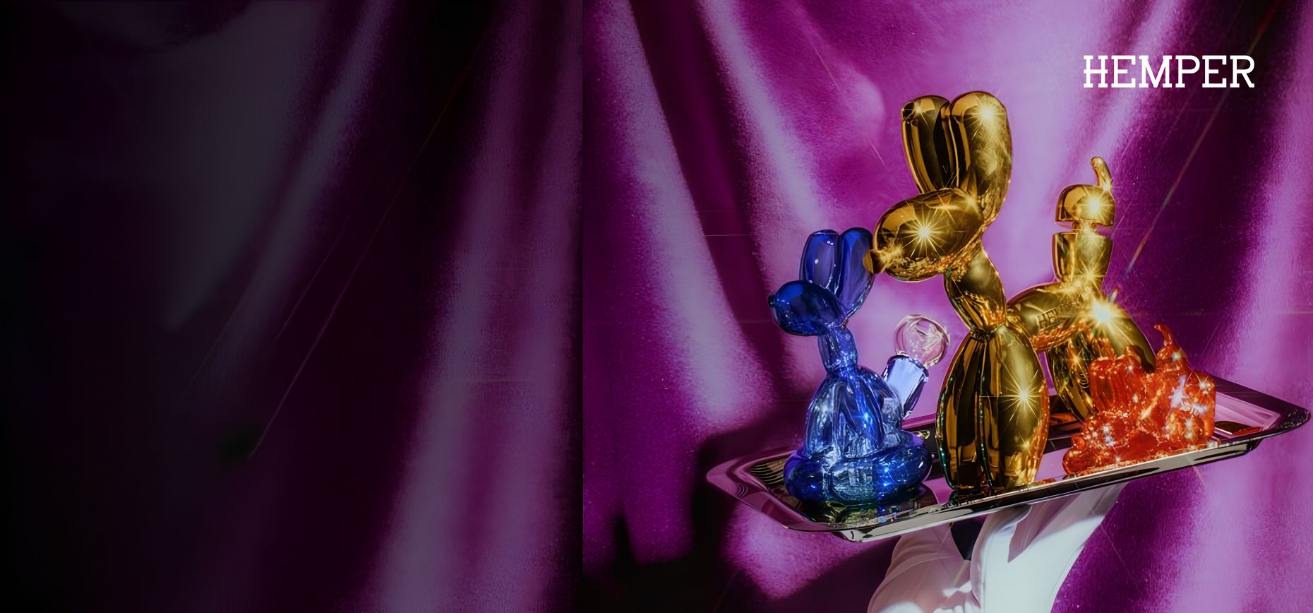 HEMPER Balloon Dog glass on a silver tray, purple velvet backdrop