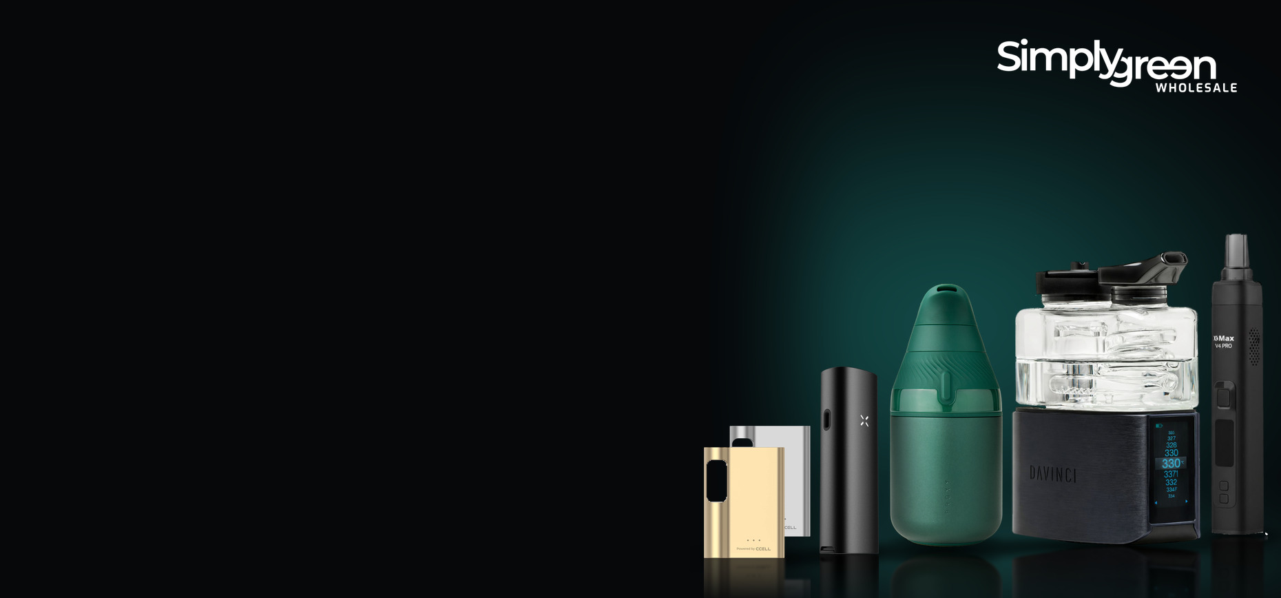 Simply Green 10th anniversary homepage banner: CCELL Palm SE, PAX Four, Puffco Proxy, DaVinci EQ Onyx and XMax V4 Pro spaced across a dark teal plate